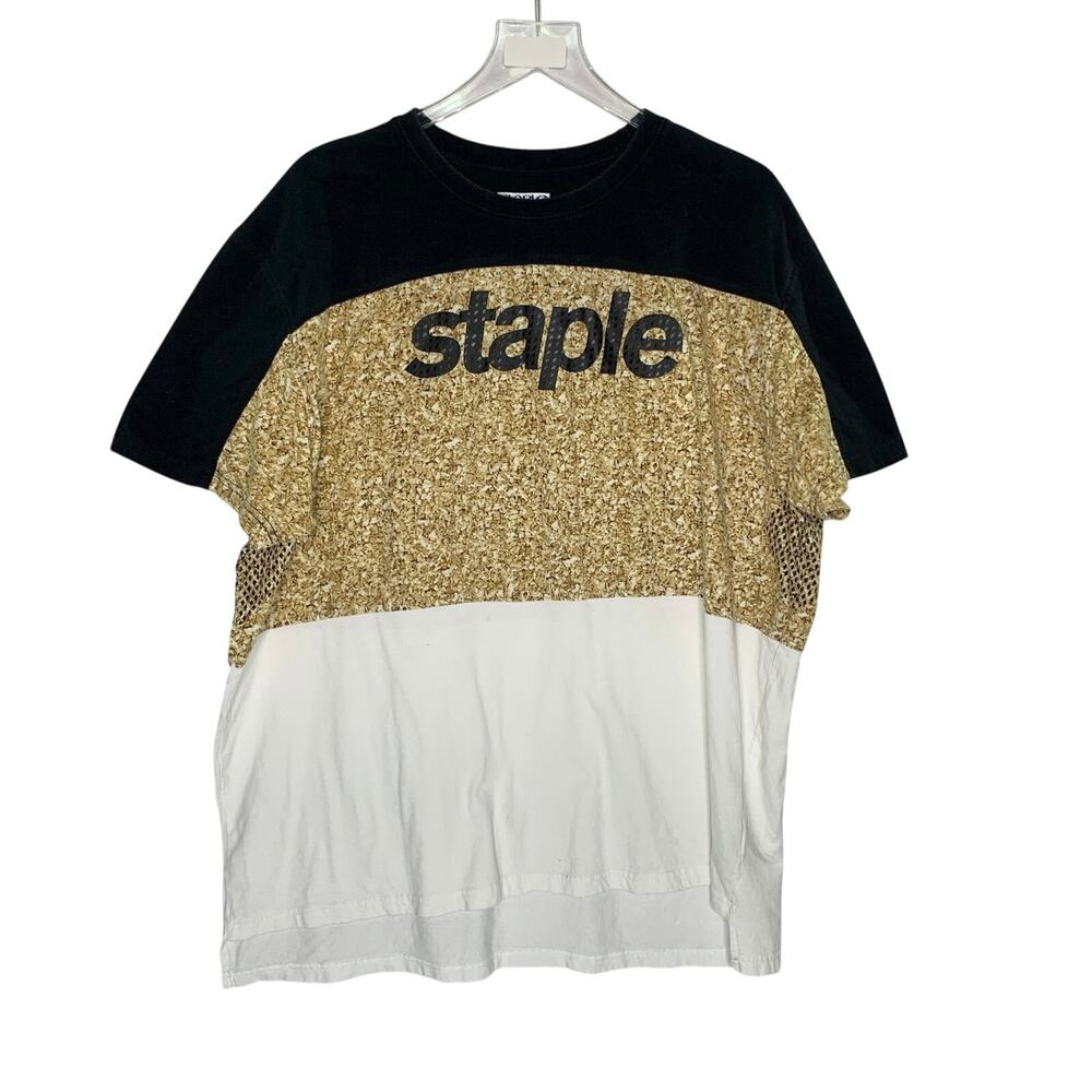 Staple Pigeon Colorblock Short Sleeve Shirt 2XL Black Gold Streetwear *flaw